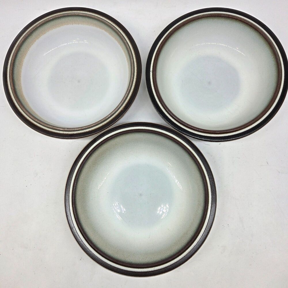 Denby Rondo Stoneware 7 3/8" Cereal Bowl White Brown Rim Green Shades Set of 3